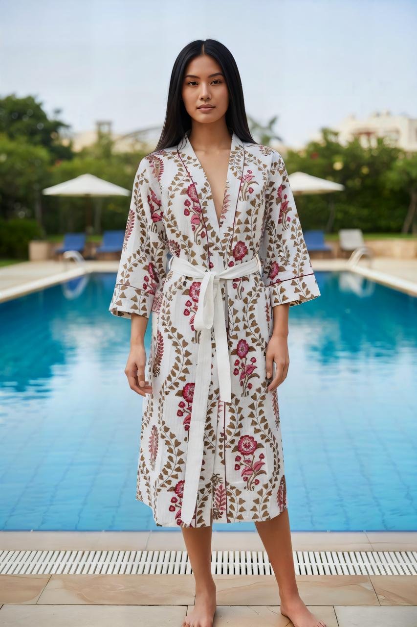 Jaipuri Block Printed Waffle Bath Robe